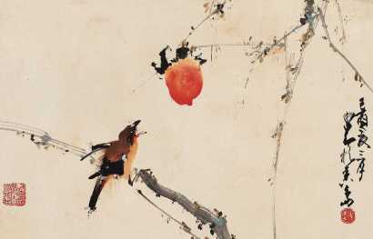 赵少昂 己酉（1969年）作 红柿小鸟 镜心